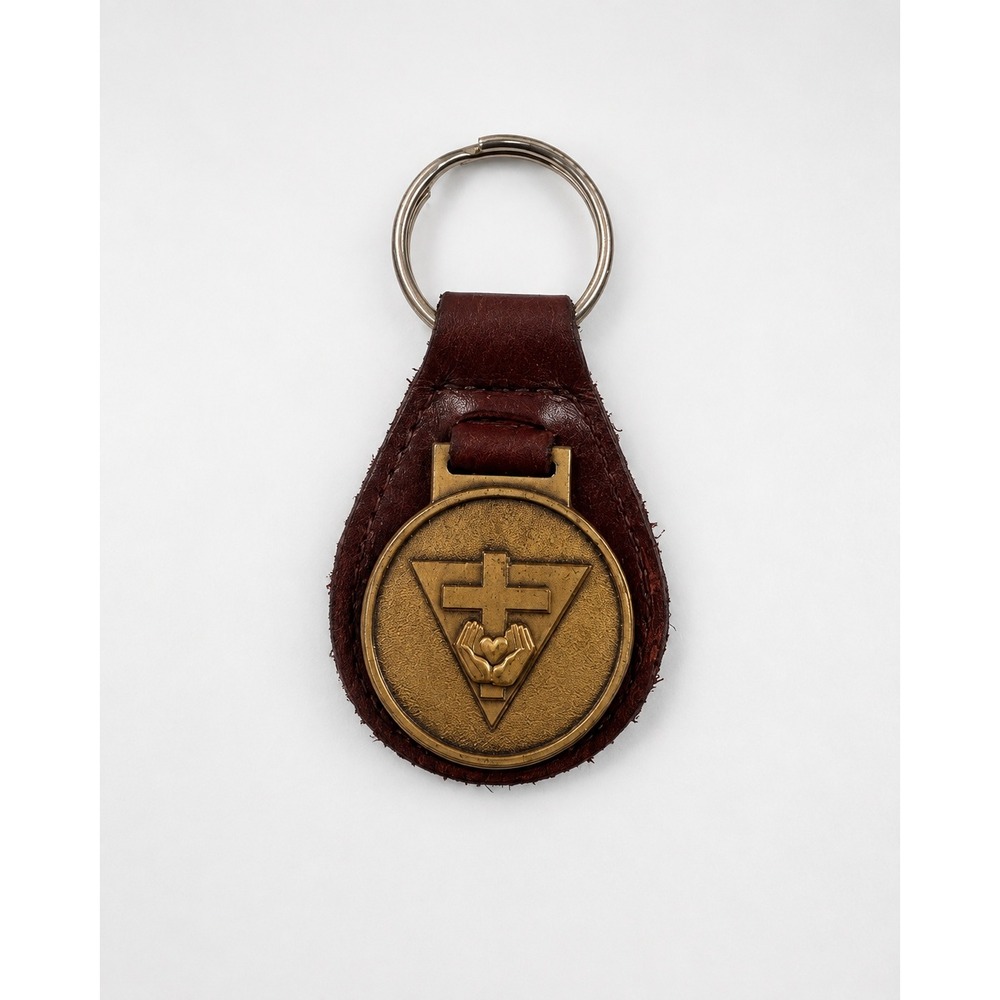 Vintage Religious Leather Keychain Brass Tone Cross Hands Triangle Medallion